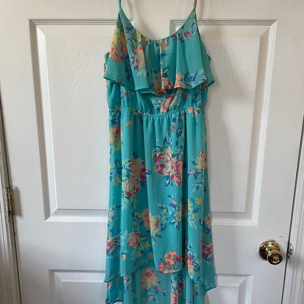 Blue floral high low sundress with adjustable straps